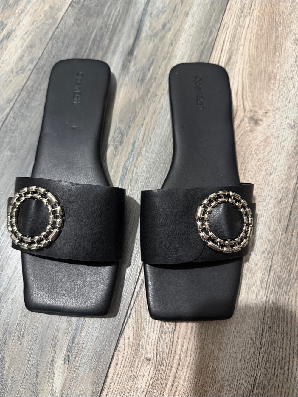 Women's Black Slide Mules with Silver Decorative Ring
